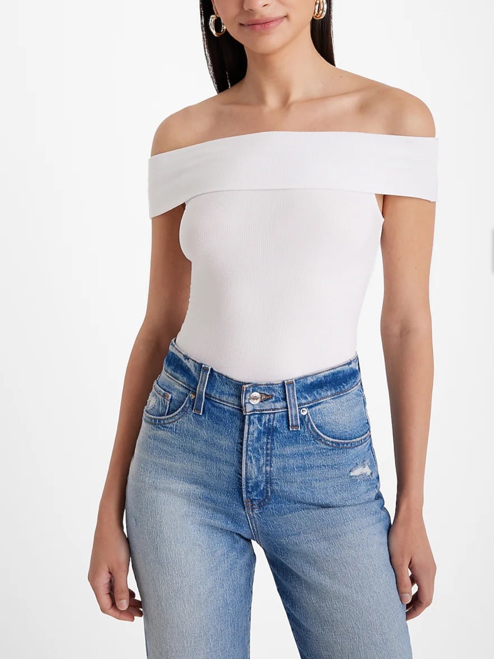 Express Fitted Ribbed Off The Shoulder Overlay Top L